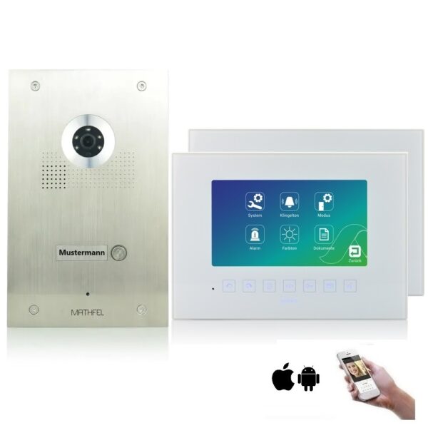 4 Draht Videotürsprechanlage mit 170° Weitwinkel-Fischaugen-Kamera in Edelstahl, 7“ Monitor und optional WLAN