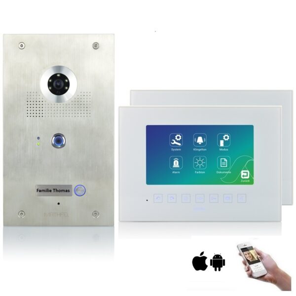 4 Draht Videotürsprechanlage mit Fingerprint, 170° Weitwinkel-Fischaugen-Kamera in Edelstahl und 7“ Monitor optional mit WLAN und personalisierter Gravur