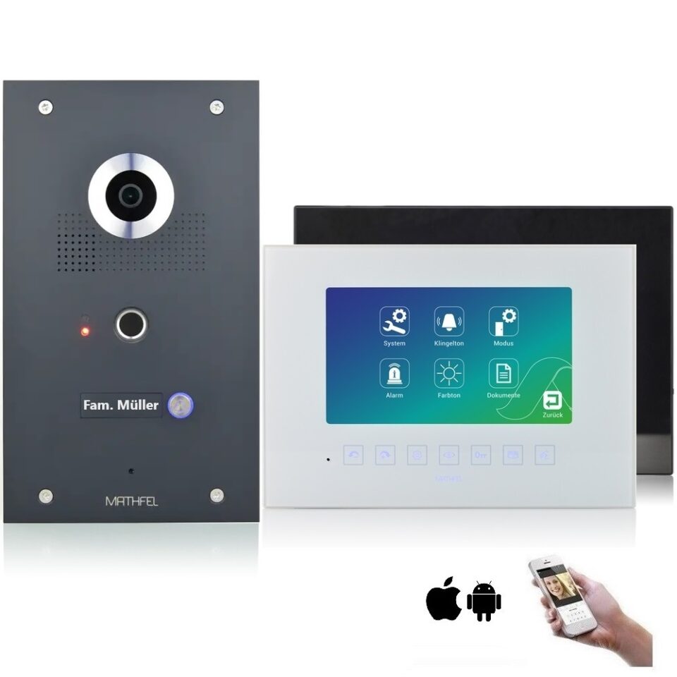 4 Draht Videotürsprechanlage mit Fingerprint, 170° Weitwinkel-Fischaugen-Kamera in Anthrazit und 7“ Monitor optional mit WLAN und personalisierter Gravur