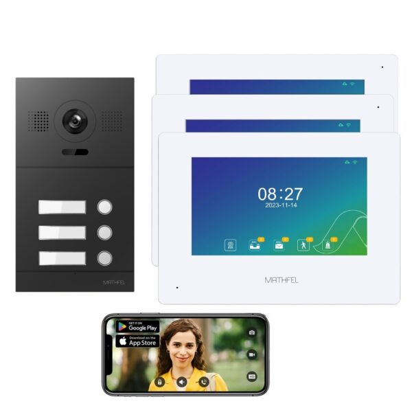2 Draht Video Türsprechanlage für 3 Teilnehmer mit Aufzeichnungsfunktion, 7 Zoll LCD-Monitor, Nachtsichtfunktion – Anthrazit Kamera Fischauge, Full HD Auflösung