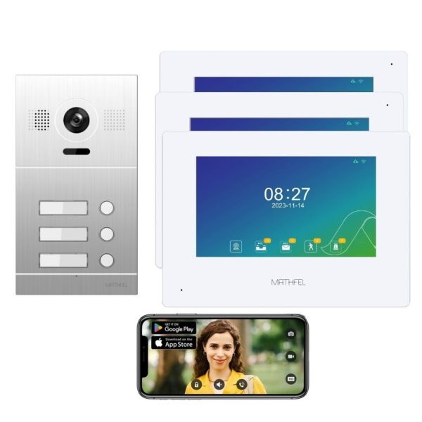 2 Draht Video Türsprechanlage für 3 Teilnehmer mit Aufzeichnungsfunktion, 7 Zoll LCD-Monitor, Nachtsichtfunktion – Aluminium Front,  Kamera Fischauge, Full HD Auflösung