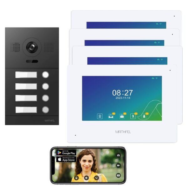 2 Draht Video Türsprechanlage für 4 Teilnehmer mit Aufzeichnungsfunktion, 7 Zoll LCD-Monitor, Nachtsichtfunktion – Anthrazit Kamera Fischauge, Full HD Auflösung