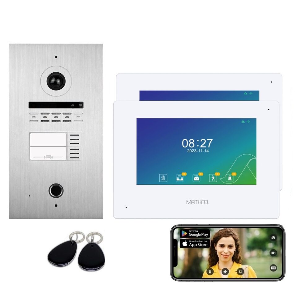 2 Familienhaus 2 Draht BUS WLAN Video-Türsprechanlage, 7 Zoll Monitor mit Full HD 2 Megapixel 170 Grad Weitwinkelkamera -Außenstation in Silber mit RFID und Fingerprint