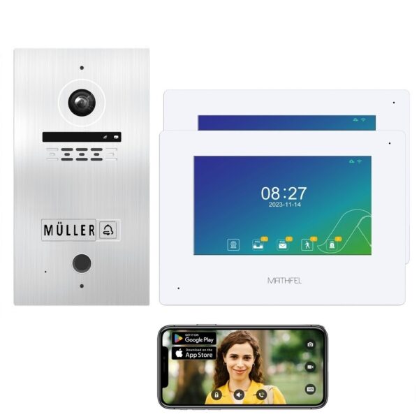 1 Familienhaus Fingerprint 2 Draht BUS WLAN Video-Türsprechanlage, 7 Zoll Monitor mit Full HD 2 Megapixel 170 Grad Weitwinkelkamera -Außenstation in Silber mit Gravur