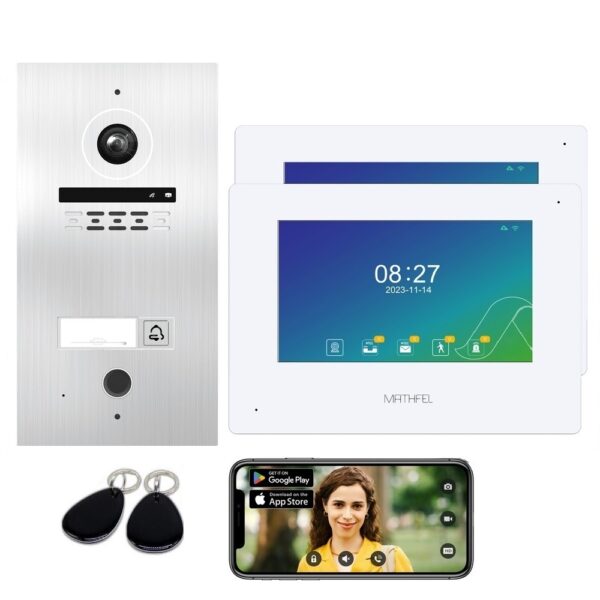 1 Familienhaus Fingerprint 2 Draht BUS WLAN Video-Türsprechanlage, 7 Zoll Monitor mit Full HD 2 Megapixel 170 Grad Weitwinkelkamera -Außenstation in Silber mit RFID