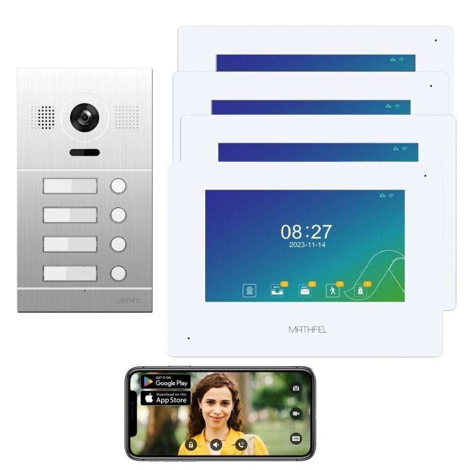 2 Draht Video Türsprechanlage für 4 Teilnehmer mit Aufzeichnungsfunktion, 7 Zoll LCD-Monitor, Nachtsichtfunktion – Silber Kamera Fischauge, Full HD Auflösung